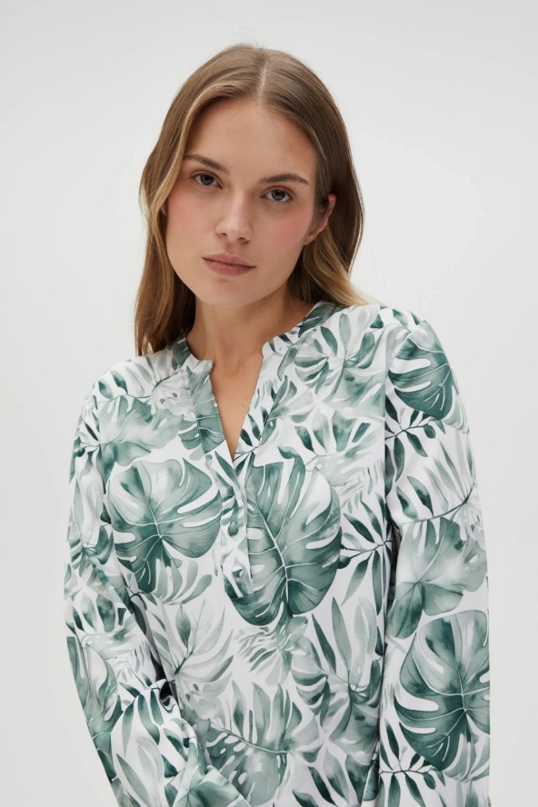 Wiskozowa koszula z tropikalnym wzorem oliwkowa