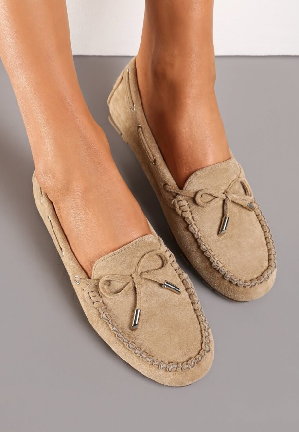 Ciemnobeżowe Mokasyny z Ozdobną Kokardką i Wiązaniami po Bokach Vimedia