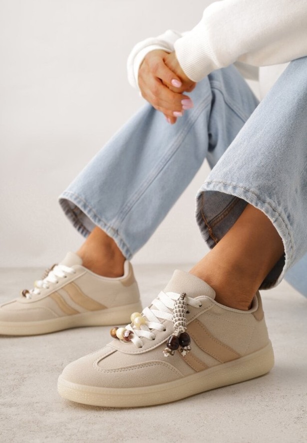 Beżowe Sneakersy Typu Tenisówki Ozdobione Koralikami Daemeli