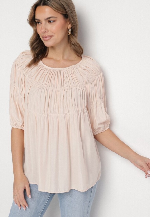 Jasnoróżowa Bluzka z Ozdobnymi Marszczeniami i Rękawami w Gumkę z Wiskozą Wenessa