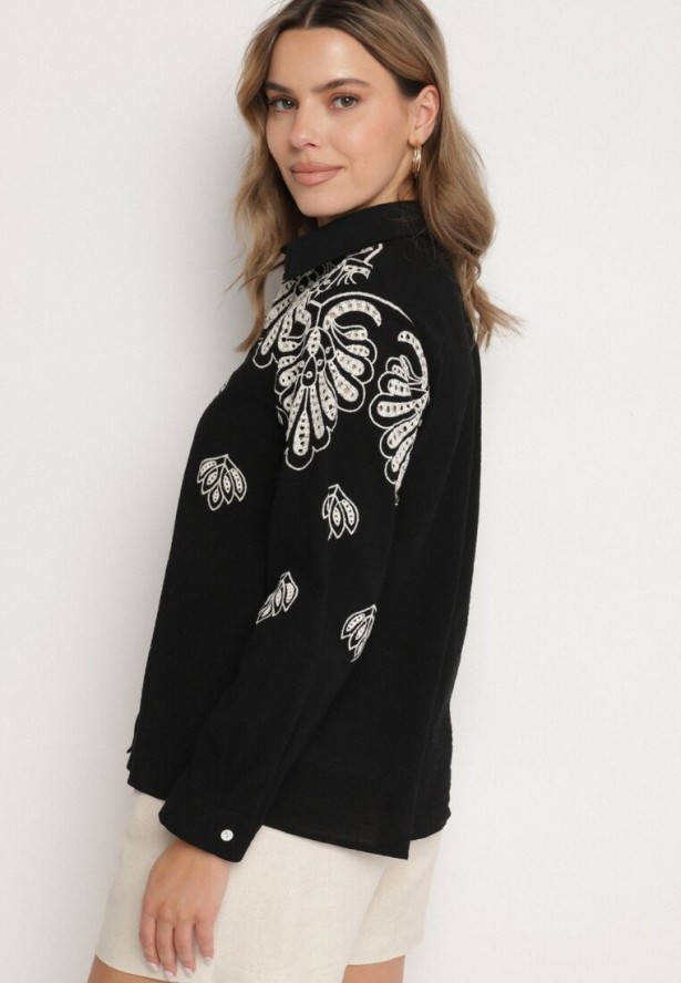 Czarna Bawełniana Koszula Zdobiona Ażurowym Haftem Nevriona