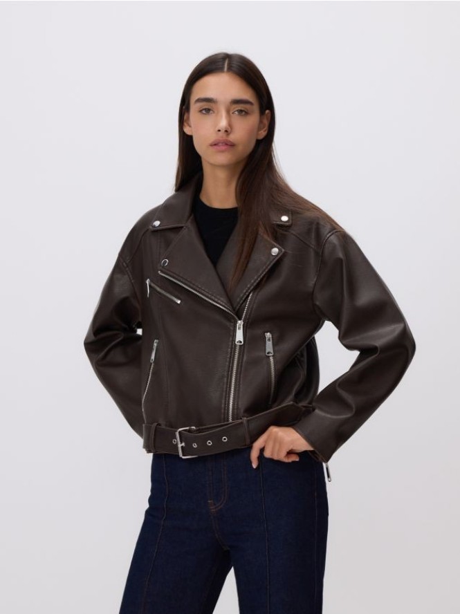 Kurtka ramoneska z paskiem - brązowy