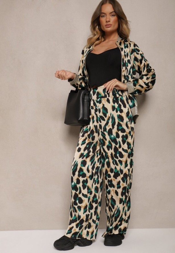 ZIelono-Beżowa Panterkowa Kurtka w Stylu Bomberki Ozdobiona Ściągaczami Rinnovaria