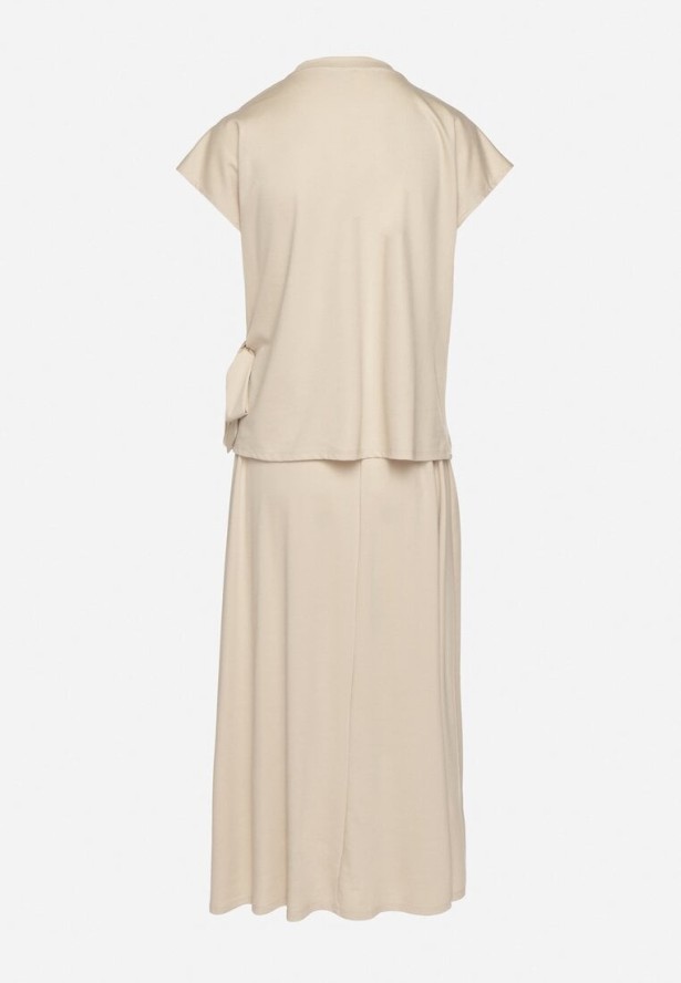 Beżowy Komplet z Wiskozą Spódnica i Bluzka z Wiązaniem Davissael