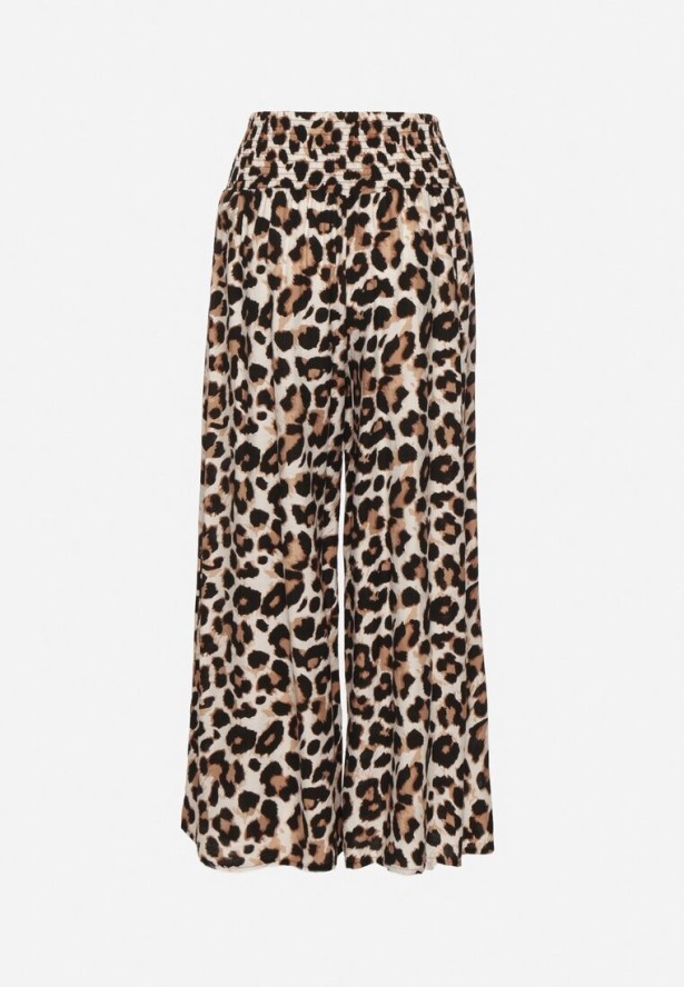 Czarno-Beżowe Wiskozowe Spodnie Szerokie z Wysokim Stanem z Panterką Elliree