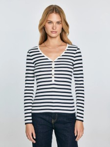 Bluzka damska z dekolotem v-neck w paski granatowa Mella 403