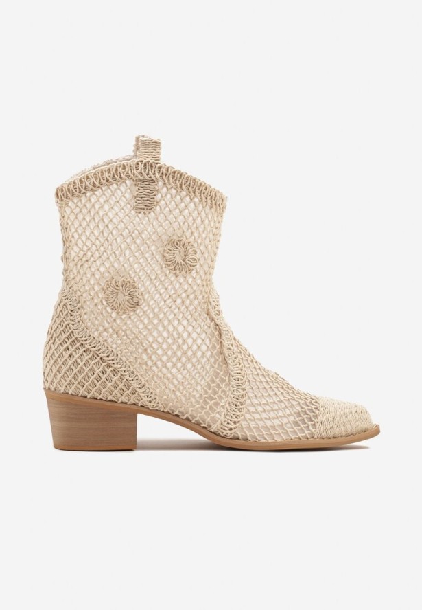 Jasnobeżowe Botki Kowbojki na Stożku ze Skórzaną Wkładką i Siateczkową Cholewką Frolozi