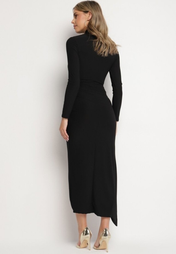 Czarna Wieczorowa Sukienka z Półgolfem i Marszczeniami Emelisse