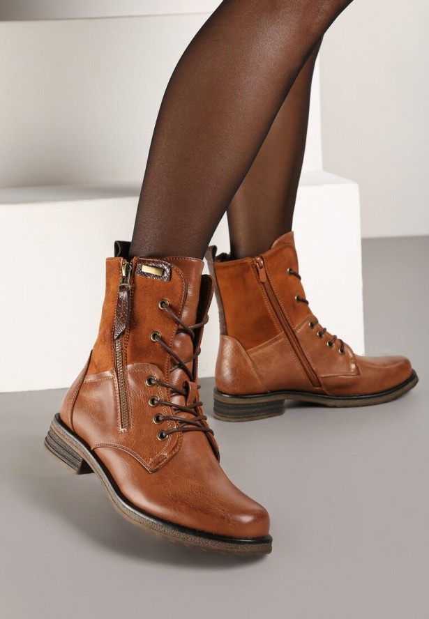 Brązowe Botki za Kostkę z Wiązaniem Rahwa