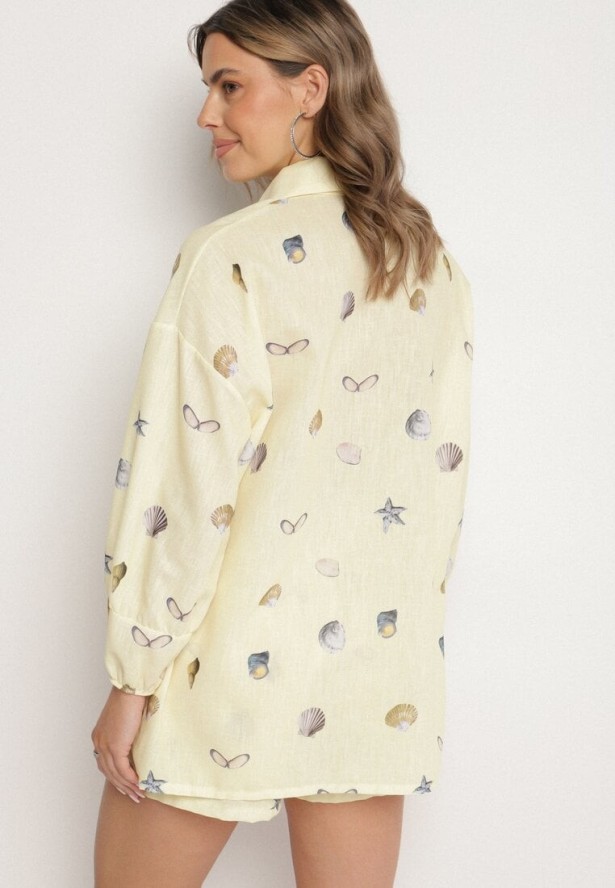 Żółty Komplet z Wiskozą Koszula i Szorty z Motywem Morskim Reivienne