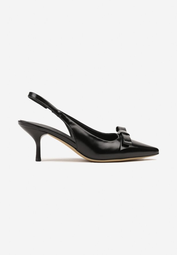 Czarne Sandały Sling-Back na Szpilce Kaczuszce z Ozdobną Kokardką Avienne