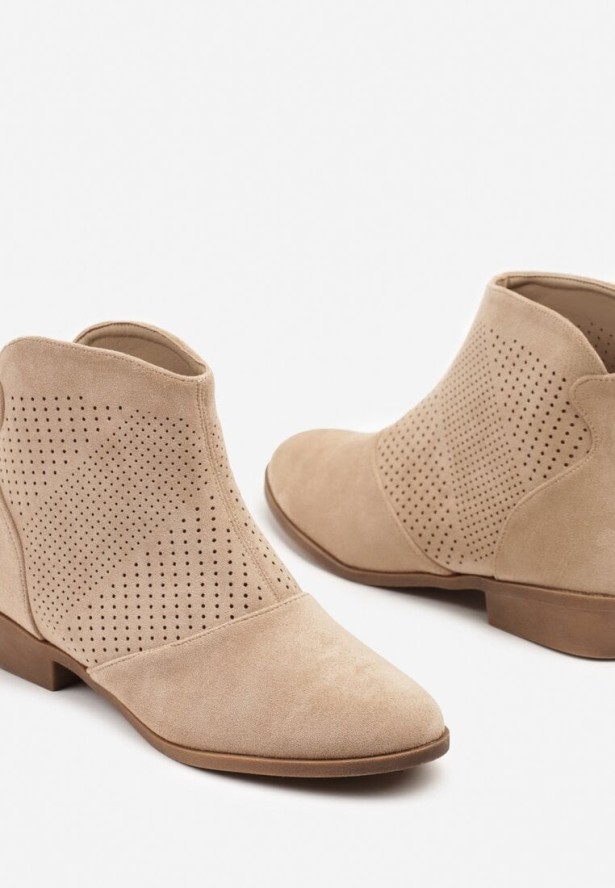 Beżowe Botki Ażurowe Vices z Imitacji Zamszu Selandria