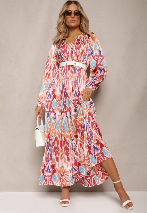 Bordowa Rozkloszowana Sukienka z Elastyczną Gumką w Talii w Stylu Boho Mizza