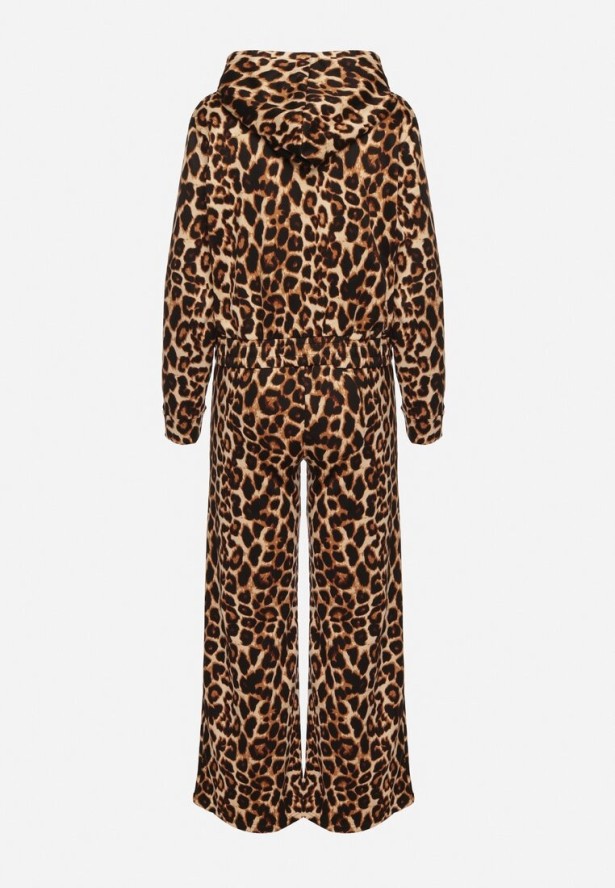 Brązowy Komplet Dresowy w Panterkę Bluza z Kapturem i Szerokie Spodnie Virhiris