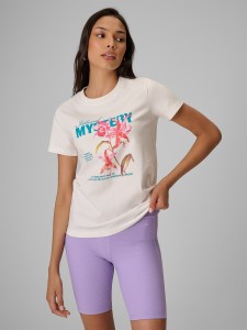 4F T-shirt regular z nadrukiem damski - biały S