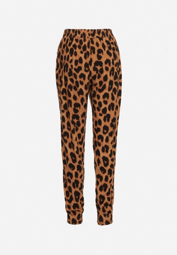 Brązowe Panterkowe Spodnie Wiskozowe z Wysokim Stanem Gumką w Pasie i Ściągaczami Rivasias