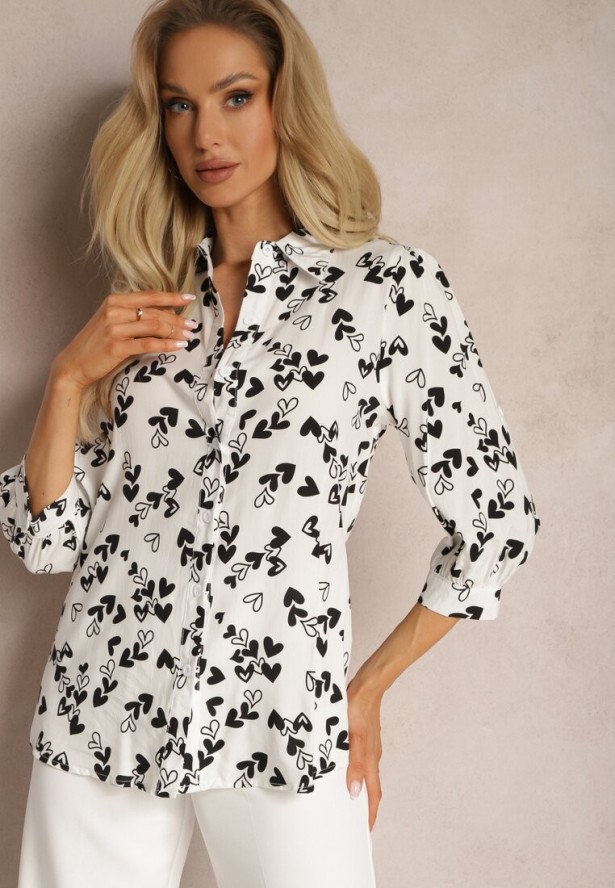 Biała Wiskozowa Koszula Ozdobiona Wzorem w Serduszka Ranela