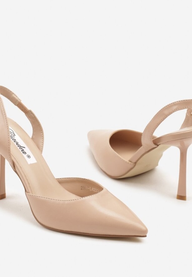 Beżowe Sandały Szpilki z Noskiem w Szpic i Paskiem Podtrzymującym Piętę Deovelle