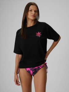 4F T-shirt boxy z nadrukiem damski - czarny M