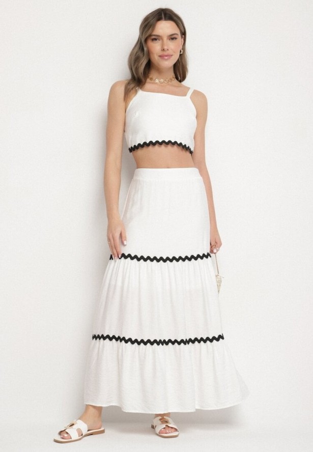 Biały Komplet Wiskozowy Top na Ramiączkach i Rozkloszowana Spódnica Efrunelle