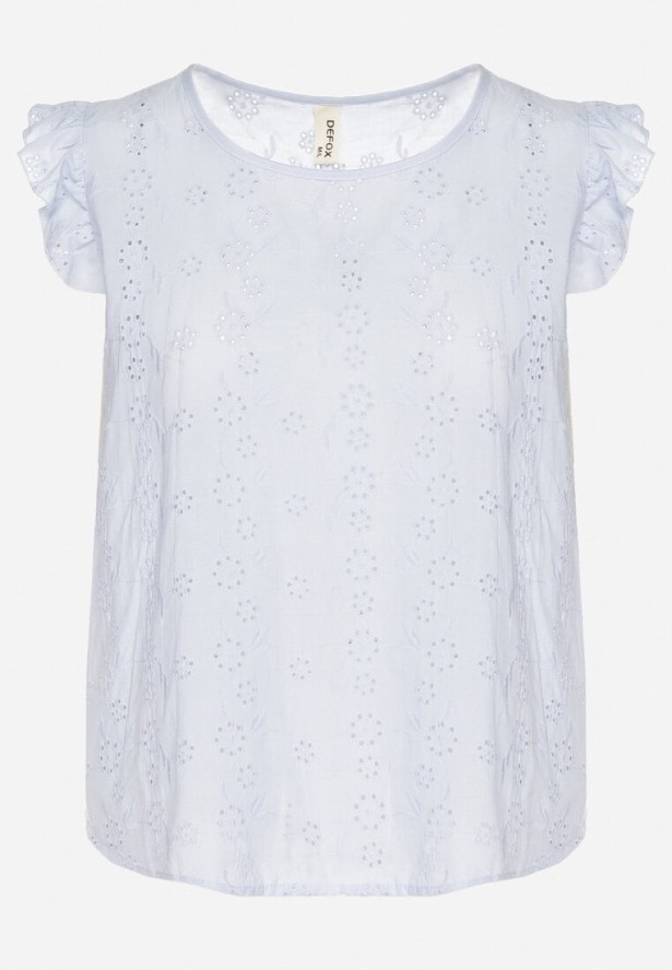 Jasnoniebieska Bawełniana Bluzka Ozdobiona Ażurowym Wzorem i Falbankami Ridiruna