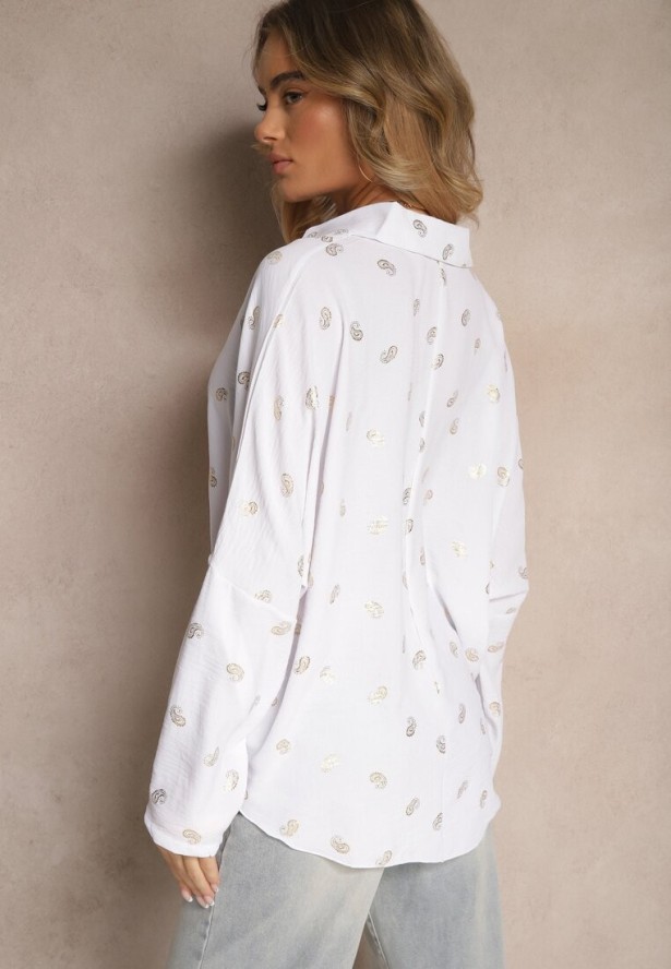 Biała Bluzka z Kołnierzykiem i Metalicznym Wzorem Nonelle