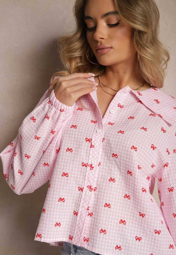 Różowa Koszula w Kratkę z Bawełny i Wiskozy Ozdobiona Dużym Kołnierzem Selzemia