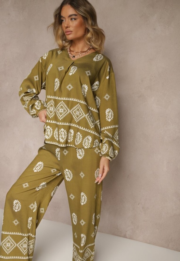 Ciemnozielony Komplet w Stylu Etno Spodnie z Gumką w Pasie i Bluzka Oversize Eviralyn