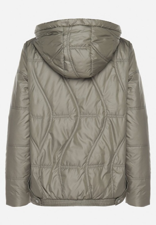 Zielona Kurtka Pikowana z Odpinanym Kapturem i Kieszeniami Ziolene