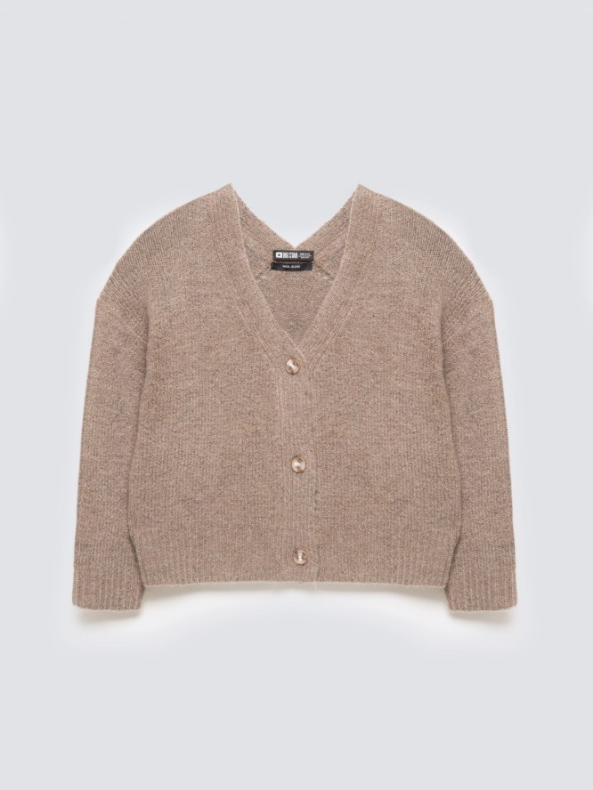 Kardigan damski z dodatkiem wełny brązowy Kardila 804