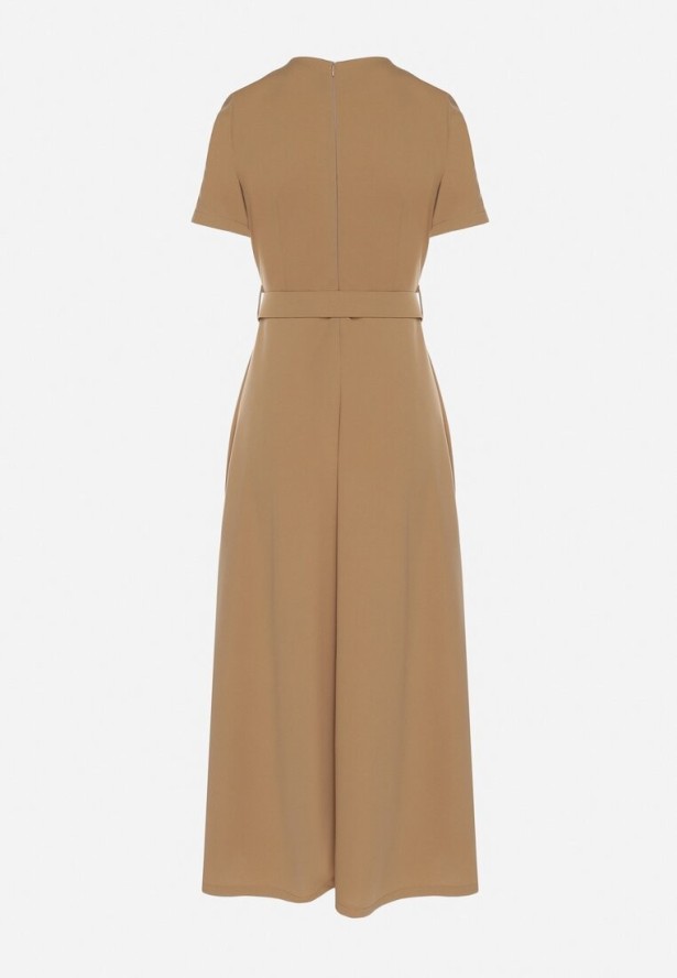 Ciemnobeżowa Rozkloszowana Sukienka Ozdobiona Paskiem Desianna