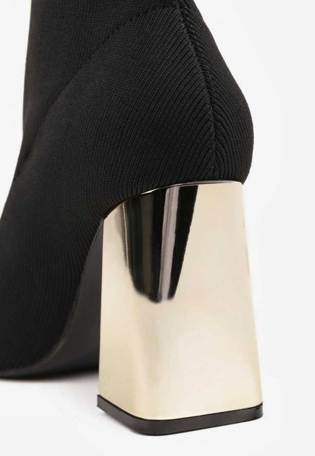 Czarno-Złote Eleganckie Botki VICES na Słupku ze Skarpetkową Cholewką Rasoria