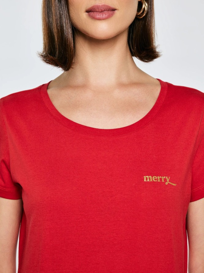 Koszulka damska z brokatowym nadrukiem czerwona Merra 603