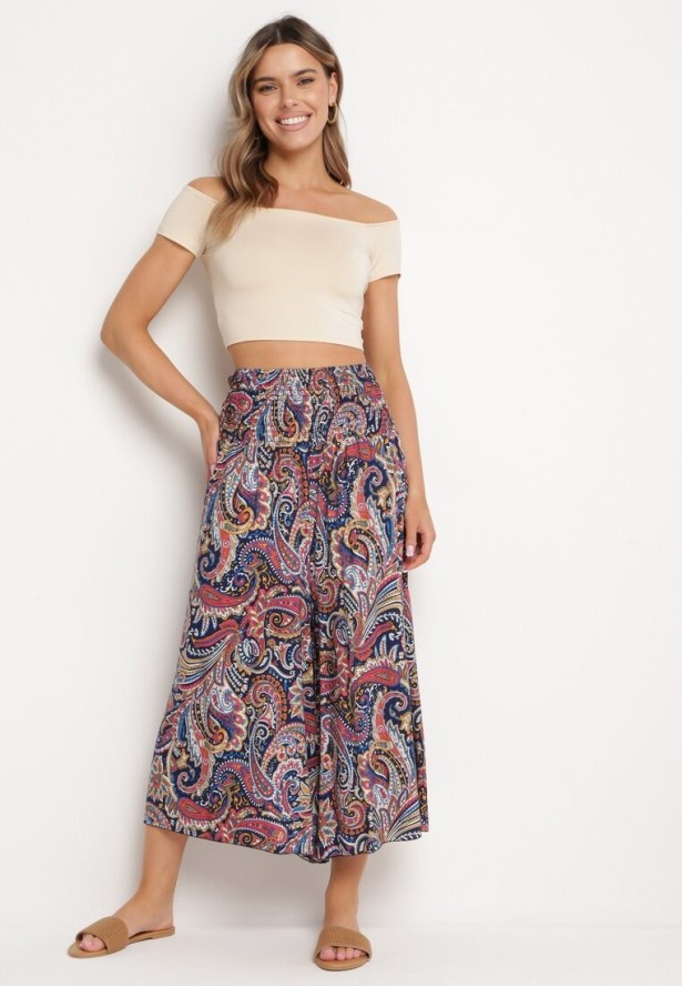 Granatowe Bawełniane Spodnie Kuloty z Wzorem Paisley Tarrisa