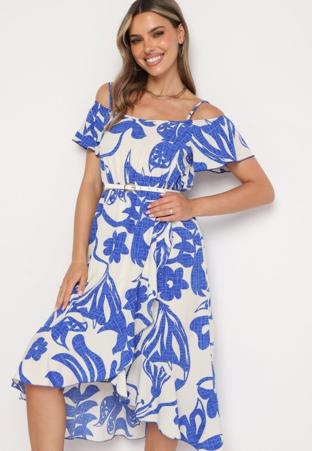 Niebiesko-Biała Sukienka Typu Hiszpanka na Ramiączkach z Gumką w Pasie i Kopertowym Dołem Nellithine