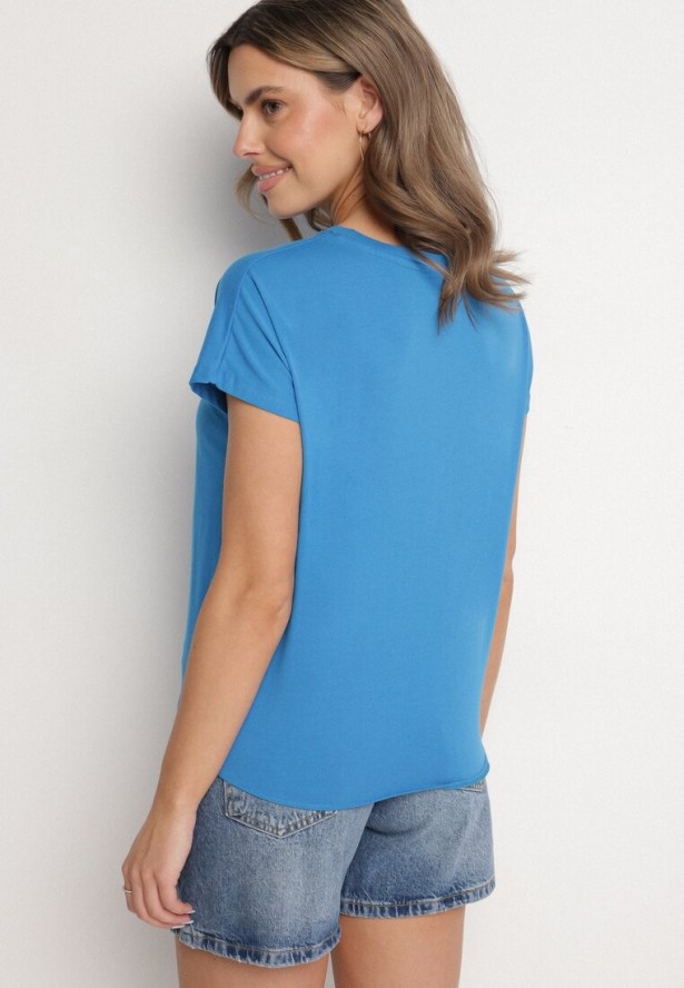 Jasnoniebieski T-shirt z Bawełny z Ozdobnym Wiązaniem Sunitra