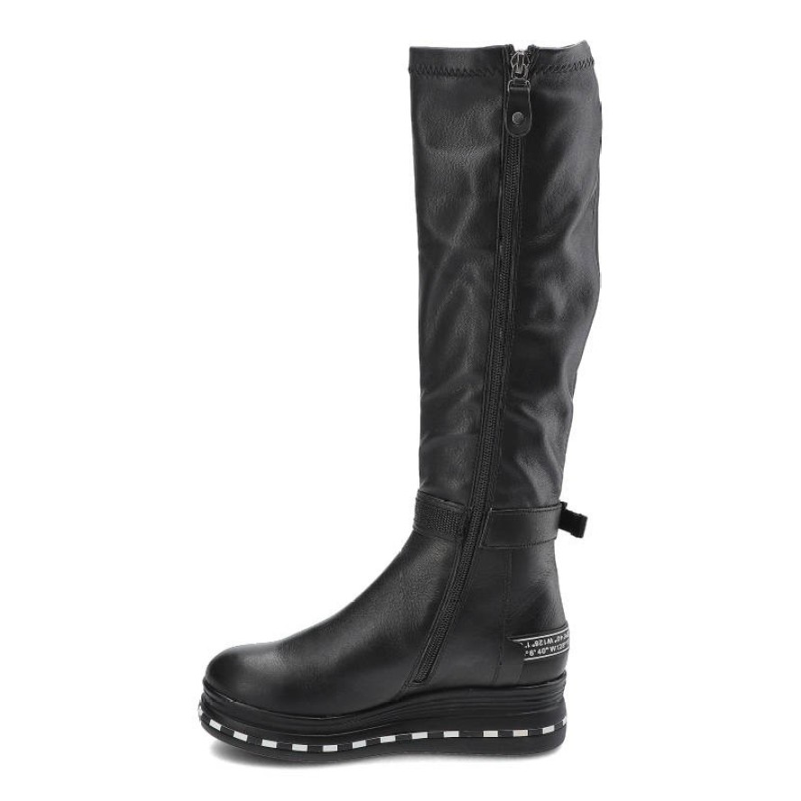 Kozaki damskie Maciejka, gładka cholewka o wysokim kroju dekoracyjny pasek z klamrą przy kostce solidna podeszwa, czarne, 05293-01-00-7