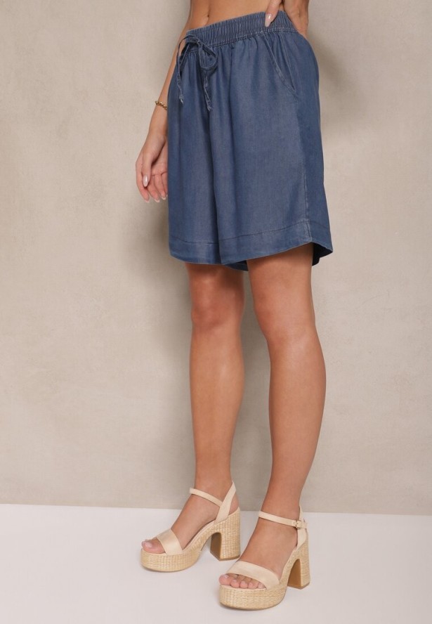 Granatowe Szorty Bermudy z Bawełny z Kieszeniami i Gumką w Pasie Asmio