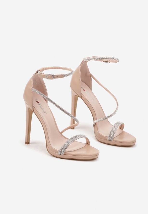 Beżowe Szpilki Sandały z Paskami z Cyrkoniami Ninethea