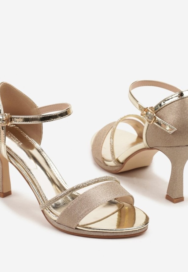 Złote Sandały na Szpilce Vices z Brokatem i Cyrkoniami Oviessae