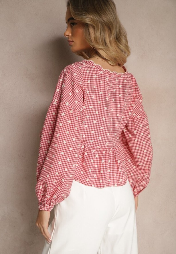 Czerwona Koszula z Lekkimi Bufkami i Haftami z Dodatkiem Bawełny w Kratę Alitea