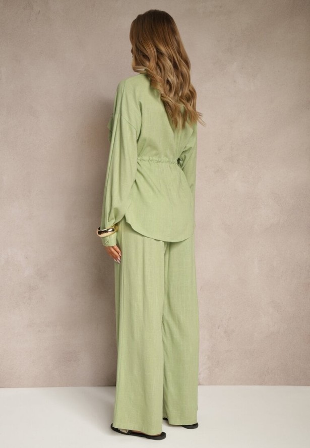 Zielony Komplet z Wiskozą Spodnie o Szerokim Kroju i Koszula Ściągana w Talii Divanea