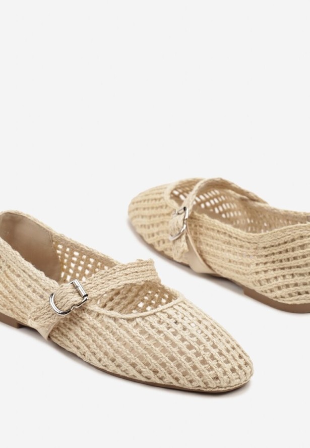 Beżowe Ażurowe Balerinki w Stylu Mary Jane z Plecioną Cholewką Deraelle
