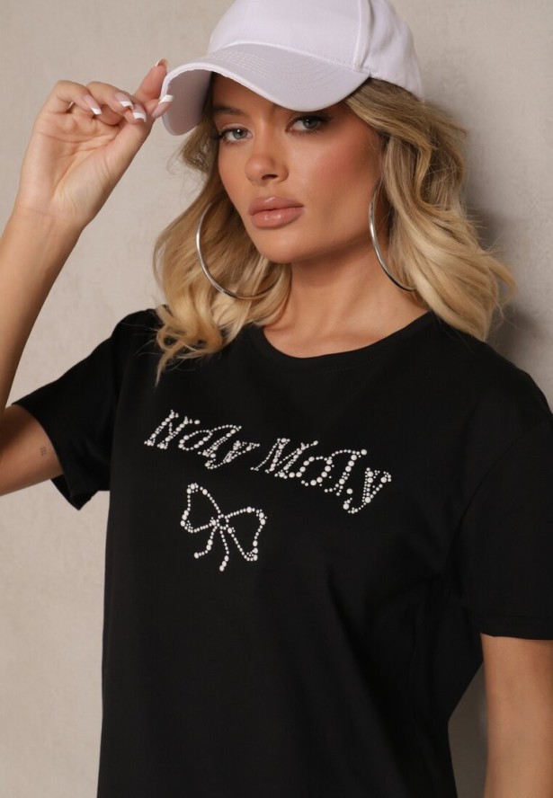 Czarna Bluzka z Bawełny Ozdobiona Kokardą i Napisem Nelanal