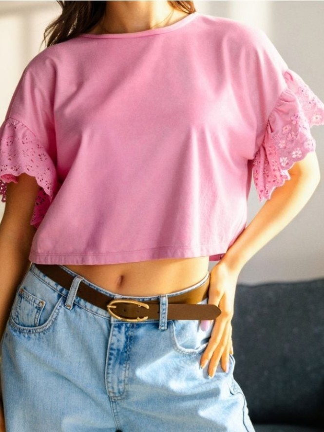 Bluzka z koronkowymi rękawami - różowy