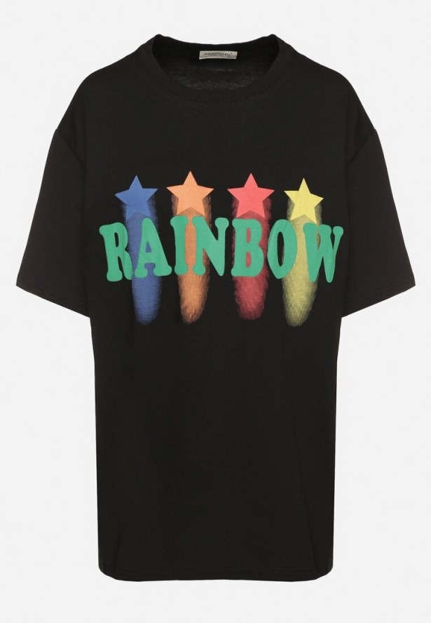 Czarny T-shirt Oversize z Kolorowym Napisem i Gwiazdkami Iloviela