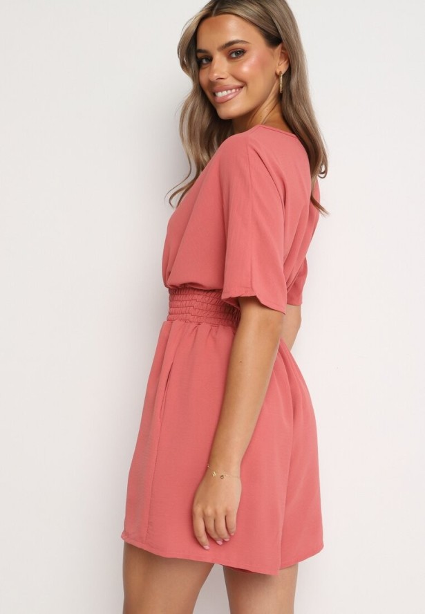 Różowy Kombinezon z Zakładkowym Dekoltem i Gumką w Talii Belandrea