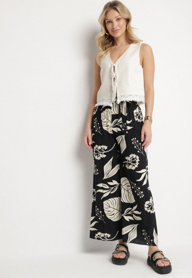 Czarne Spodnie w Kwiaty o Szerokim Kroju z Gumką i Paskiem Eledina