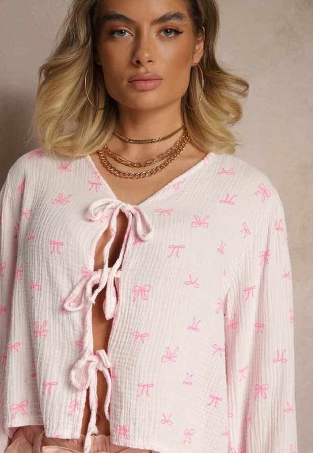 Różowa Bawełniana Bluzka Koszulowa z Długim Rękawem Wiązana z Przodu Liosame