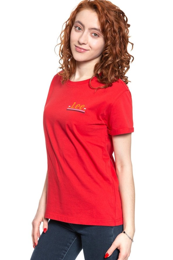 LEE T SHIRT DAMSKI CHEST LOGO TEE WARP RED L43ZFEKG 112109773